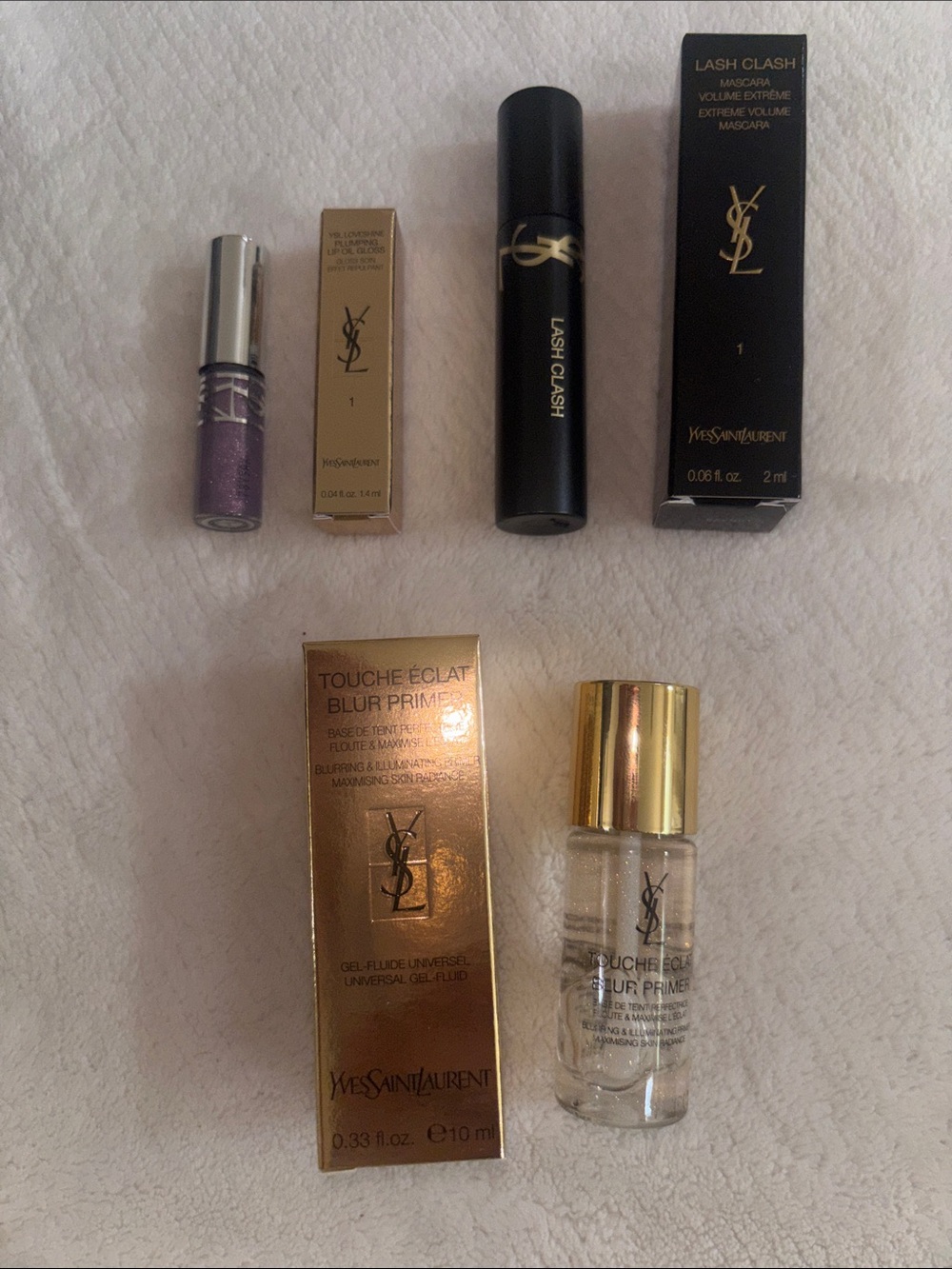 Yves Saint Laurent Black Mascara with Blur Primer and Purple lip oil gloss